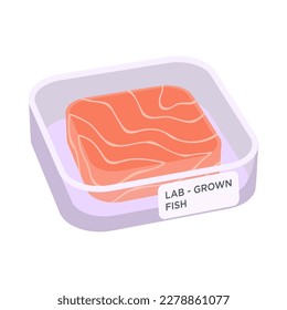 Pescado cultivado en el plano cuadrado del vector del plato Petri. Pieza de la carne de salmón cultivada en células isométricas aisladas ilustración.