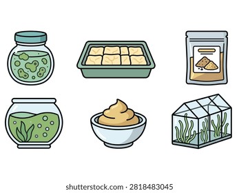 Lab-Grown Protein Ingredients Icon Set with Algae Culture and Seed Packaging—Ideal for Future Food Innovation Design