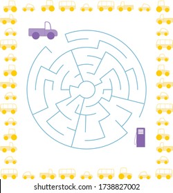 Labirynth kids task to find way. Maze for children to draw the right path with entry and exit. Fun logic game. Round shape with cute toy cars. With solution. Vector illustration on white background.
