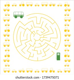 Kinder mit Elternschaft müssen sich darum bemühen, Wege zu finden. Maze für Kinder, den richtigen Weg zu zeichnen mit Einfahrt und Ausfahrt. Fun Logic Game. Rundform mit süßen Spielzeugautos. Mit Lösung. Vector-Abbildung auf weißem Hintergrund.
