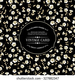 Lable card with template text and flower pattern on black background. Vector ilustration.