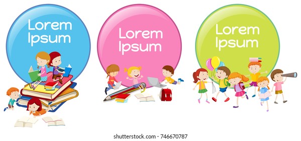 Lable designs with children reading and playing illustration