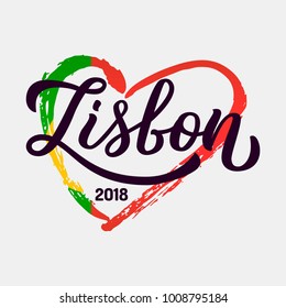 Lable the European music festival in Lisbon, 2018. Heart with flag of Portugal and hand lettering. Vector illustration.