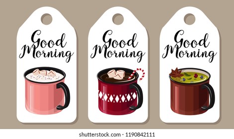 Lables with mug of hot beverages. Vector isolation cartoon illustration