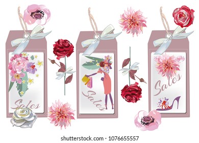 Lables with rose and dahlia flowers with fashion girl shopping. Sales. Vector illustration.