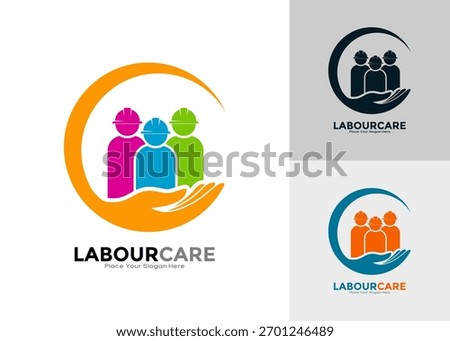 Labor care vector logo. Workers with helmets supported by a hand, symbolizing employee safety, health protection, and professional assistance for industrial staff