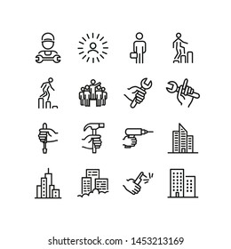 Labor Career Line Icon Set. Technician, Mechanic, Tool, Wrench, Drill, Hammer. Mechanical Work Concept. Can Be Used For Topics Like Occupation, Blue Collar, Worker, Repair