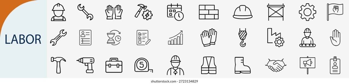 Conjunto de iconos de trabajo y construcción, herramientas de trabajo industrial Vector de línea delgada