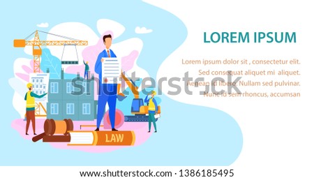 Labor and Construction Law Vector Landing Page. Apartment House Building Contract. Lawyer, Legal Advisor Showing Planning Permission Web Banner Template. Engineers, Builders Characters