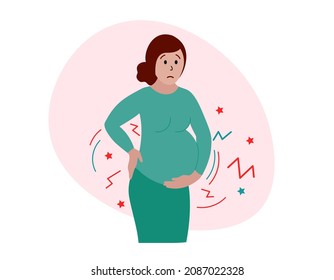 Labor contractions. Pregnant woman suffering from childbirth pains. Real or false contractions? Travail cramp. Vector illustration.