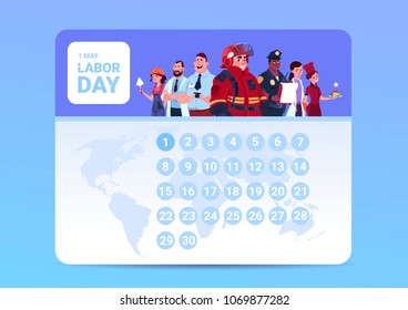 Día Del Trabajo 1 De Mayo En Calendario Con Grupo De Personas De Diferentes Ocupaciones Antecedentes