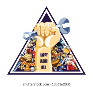 Labor day, 1 of may vector poster, banner or flyer template with old fashioned ruler, hammer, spanner or adjustable wrench hand tools and heavy lettering. Labor day greeting background