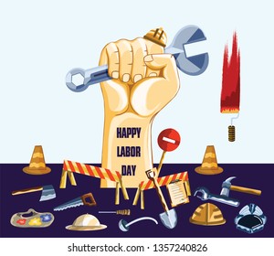 Labor day, 1 of may vector poster, banner or flyer template with old fashioned ruler, hammer, spanner or adjustable wrench hand tools and heavy lettering. Labor day greeting background