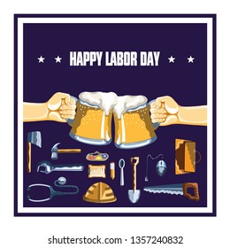 Labor day, 1 of may vector poster, banner or flyer template with old fashioned ruler, hammer, spanner or adjustable wrench hand tools and heavy lettering. Labor day greeting background