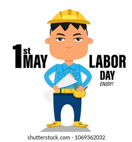 Labor day 1st May word and worker man cartoon vector illustration 