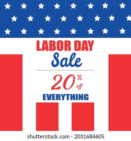 Labor day 20 percent off sale promotion, advertising banner template with American flag illustration. Perfect for marketing, lpaper.voucher discount.Vector illustration