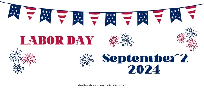 Labor Day 2024 USA banner. American Labor Day celebration poster. Text and the United States national doodle symbols flags. Vector illustration simple white background