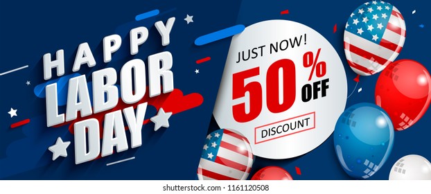 Labor Day 50 Percent Off Sale Promotion, Advertising Banner Template With American Flag Balloons. Perfect For Marketing, Lpaper.voucher Discount.Vector Illustration .