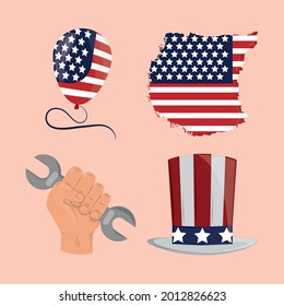 labor day, american flag and tool icons set