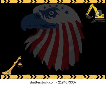 Labor Day background with Contruction Heavy Equipment, Thin Flag of eagle and Copy Space Area. Suitable to Place on Content with That Theme.