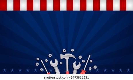 Labor Day background copy space for sale promotion, advertising, poster, banner, template with American flag and work tools