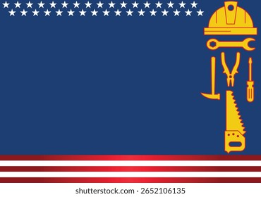Fundo do Dia do Trabalho com espaço de cópia, apresentando a bandeira dos Estados Unidos e ícones de ferramentas de trabalho — adequado para temas do Dia do Trabalho e da indústria da construção