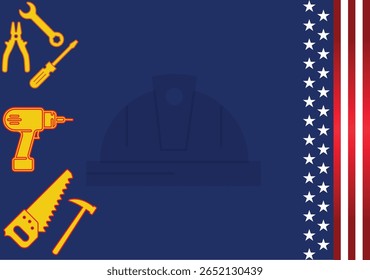 Fondo del día del trabajo con el área del espacio de la copia, ilustración del icono de las herramientas del trabajo de la bandera y de la silueta de los estados unidos