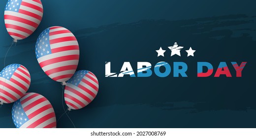 Labor Day background design. 3d air balloons with America flag pattern and lettering in grunge style on a blue background. USA holiday poster template. Vector illustration. EPS 10