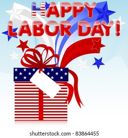 Labor Day background. Gift with red bow and retro stars. 10EPS. Vector.