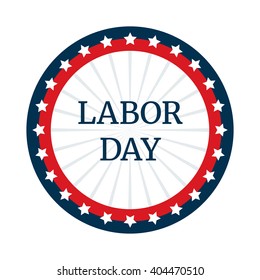 Labor day badge or label design with ribbons and stars in the colors of the American flag.  For sale promotion, party decoration, isolated on white background, vector illustration