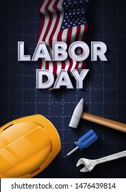 Labor Day banner, design template. U.S national workers day. Vector Illustration. May 1st. Builder tools and U.S flag on dark blue grid background. 