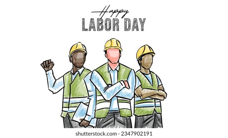 Labor Day banner with Group Multi Ethnic Workers Wearing Safety Helmet Hand Drawn Illustration