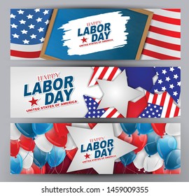 Labor Day banner or header set. USA holiday design concept with national flag, stars, balloons. Advertisement layout with typography. Vector illustration.