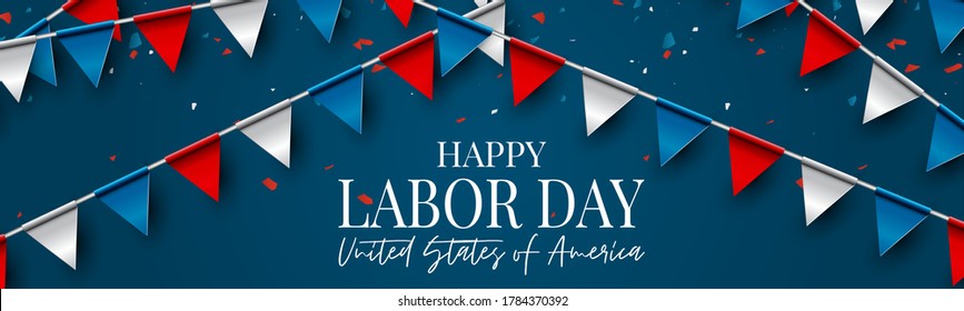 Labor Day banner or header. USA national federal holiday design. American flag colors background and blue and red bunting. Realistic vector illustration.