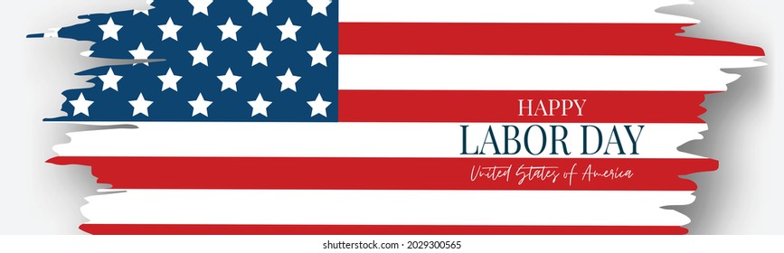 Labor Day banner or header. USA national federal holiday design. Grunge brush stroke shape. American flag background. Realistic vector illustration.
