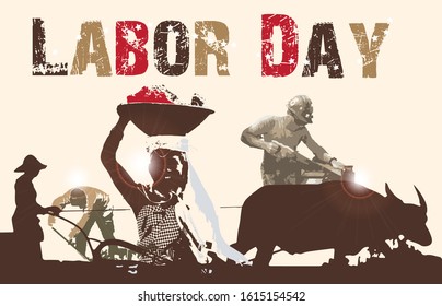 Labor Day banner with poor labor or workers working in various field or industry. Vector Illustration.