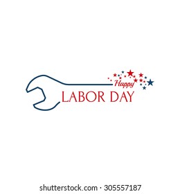 Labor day banner, sign, wrench inscription and stars