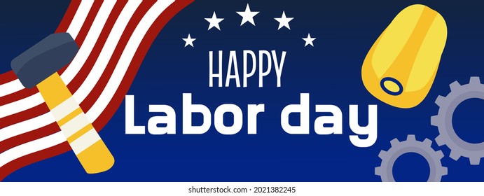 A Labor Day banner with stars, tools and an American flag. American Labor Day, banner with a blue background. Vector illustration