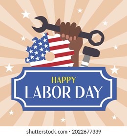 Labor Day Banner With Stars, Tools And A Black Female Fist With A Wrench And An American Flag. American Labor Day, Banner Beige Background. Vector Illustration