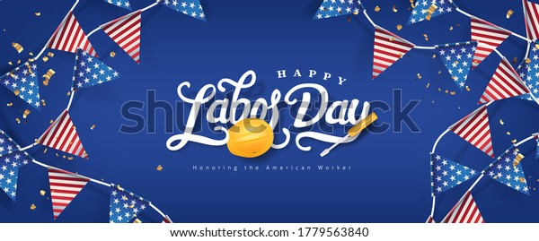 Labor day banner template\
decor with american flags Garlands decor.Calligraphy of Labor\
day.