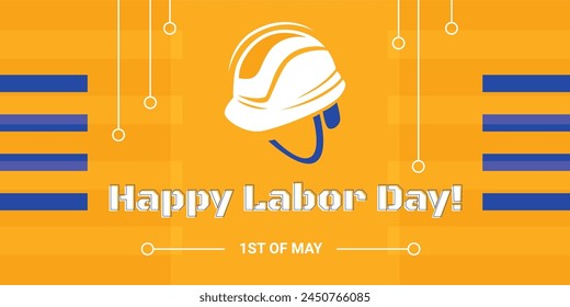 Labor Day banner with text and working helmet, vector invitation with 1sr of May, International Workers Day with stars and stripes decoration.