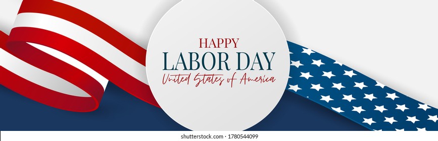 Labor Day banner. USA national federal holiday header design. American flag waving ribbon background. Realistic vector illustration.