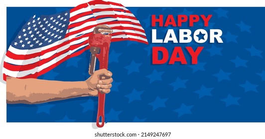 Labor day banner vector with an illustration of an arm holding a socket wrench and a usa flag on a blue background