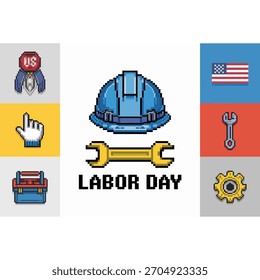 Vector de Anuncio del día del trabajo, casco de estilo de píxel, llave inglesa, calendario, medalla, Botón, fondo de herramientas, colores patrióticos, diseño de vacaciones industriales