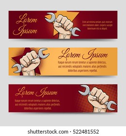 Labor day banners vector set. Horizontal banners with working hand and wrench