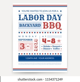 Labor Day BBQ Invitation Template - Labor Day USA Grill Party Flyer Design - Vector Illustration Retro Style