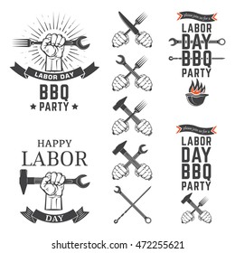 Labor Day BBQ Party Vector Emblems. 