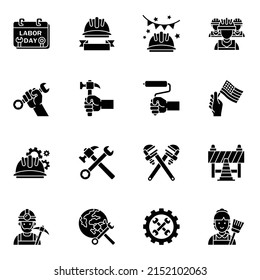 Labor day black glyph icons set 1 with white background.
