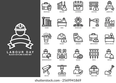 Labor day black outline icons pack, contain builder, caution, crane, hammer, helmet, worker, meeting, safety and more. use for modern concept UI and UX kit, app and web development. Vector EPS 10.