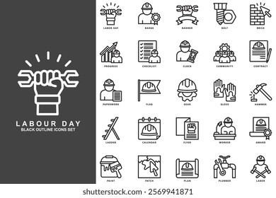 Labor day black outline icons pack, contain badge, bold, flyer, worker, award, hammer, gear and more. use for modern concept UI and UX kit, app and web development. Vector EPS 10.